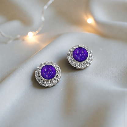 Halo's memorial stud earrings in Sleepy Lavender opal — sterling silver, handcrafted in Lancashire, UK