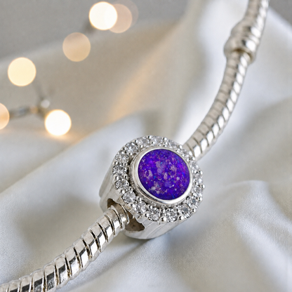 Sleepy lavender sterling silver halo ashes memorial charm, handcrafted in Lancashire by keepsake memorial