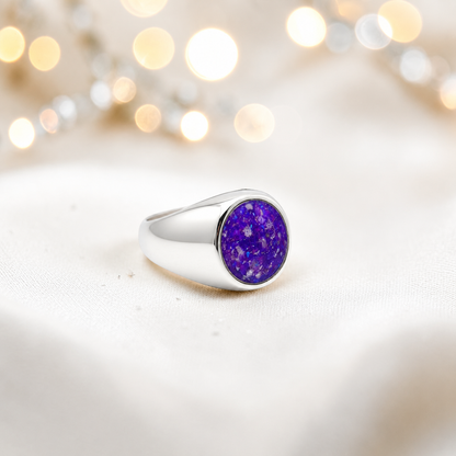 Sleepy lavender Haven men's sterling silver signet ring, handcrafted in Lancashire UK by Keepsake Memorial Jewellery