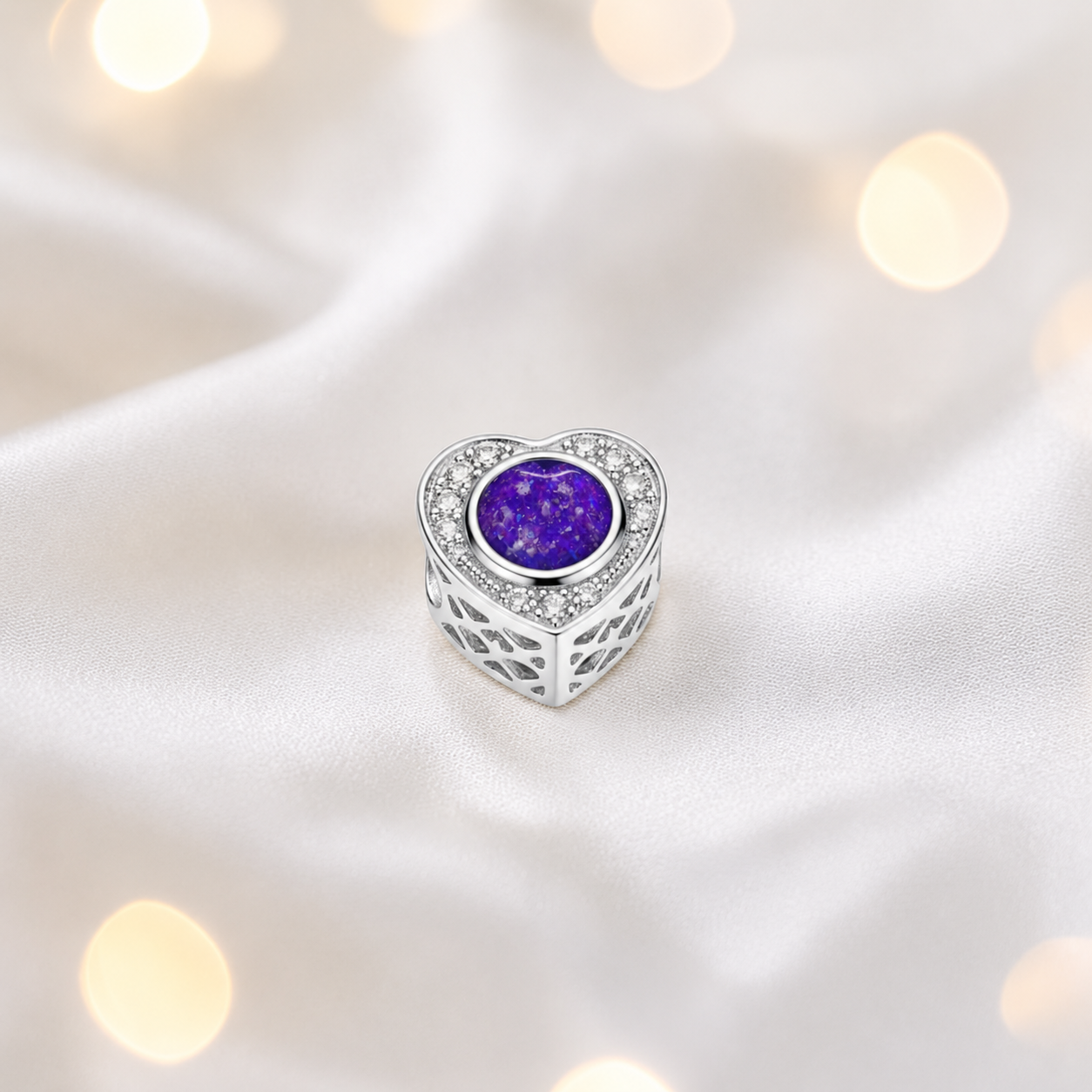 Sleepy Lavender sterling silver heart of memories ashes memorial charm, handcrafted in Lancashire by keepsake memorial