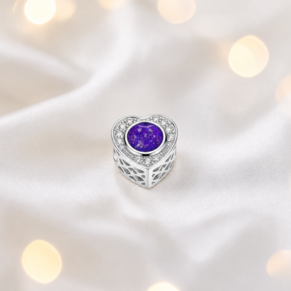 Sleepy Lavender sterling silver heart of memories ashes memorial charm, handcrafted in Lancashire by keepsake memorial