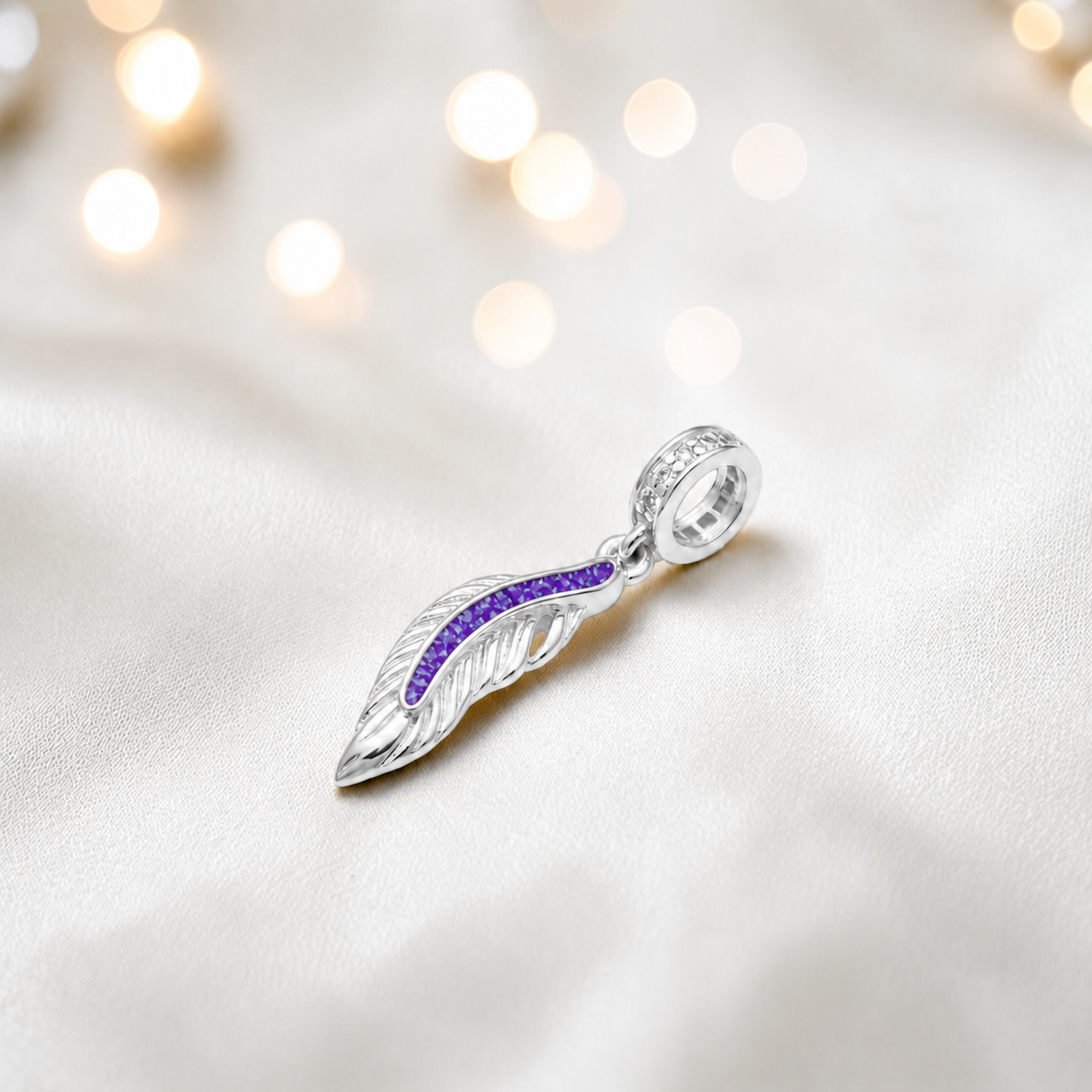 Sleepy lavender sterling silver heavens feather  ashes memorial dangle  charm, handcrafted in Lancashire by keepsake memorial