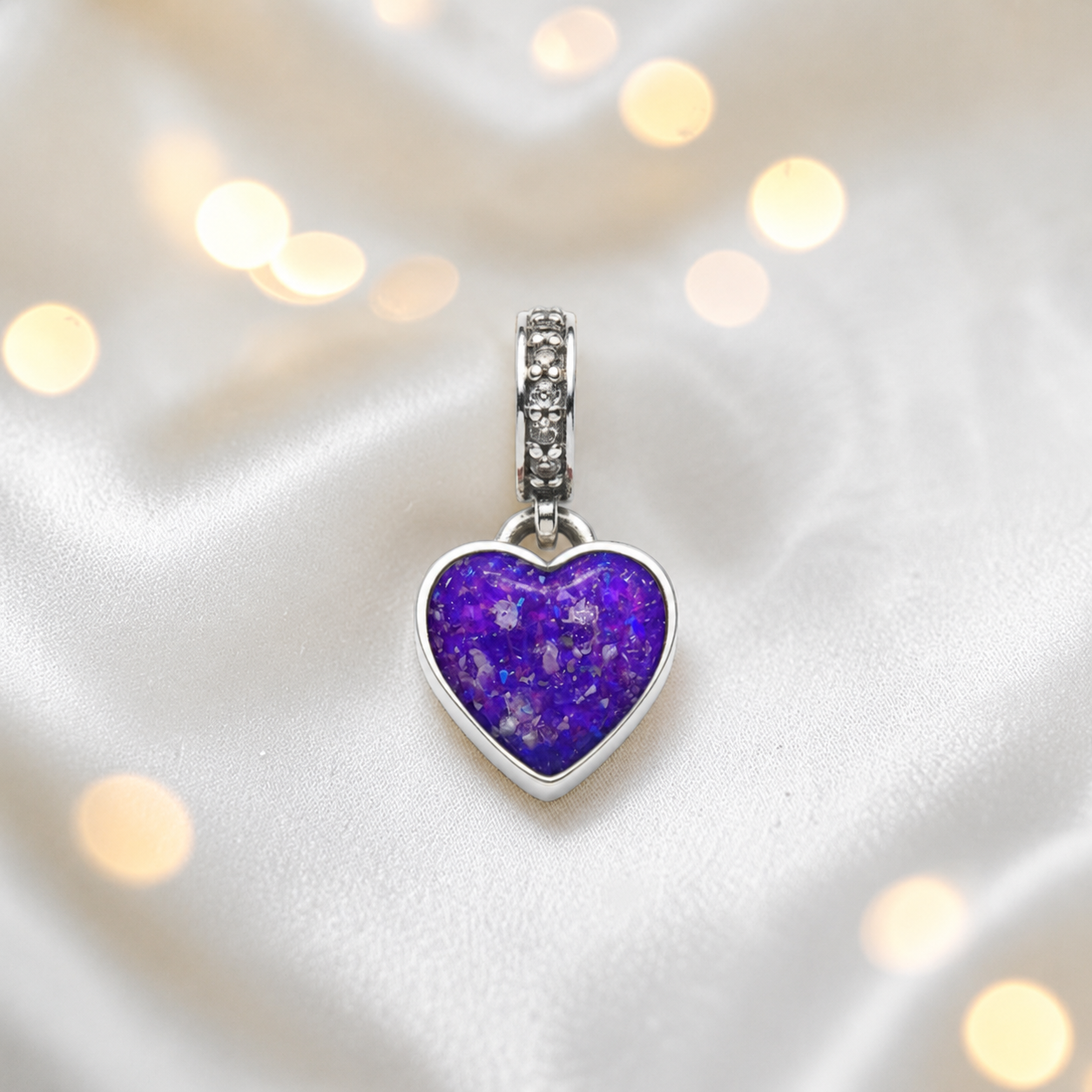 Sleepy lavender sterling silver heavens heart ashes memorial dangle  charm, handcrafted in Lancashire by keepsake memorial