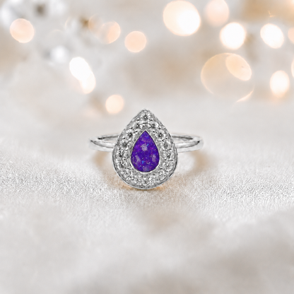 Keepsake Memorial Silver Helena Teardrop Ashes Ring in Sleepy Lavender  — handcrafted in Lancashire, UK