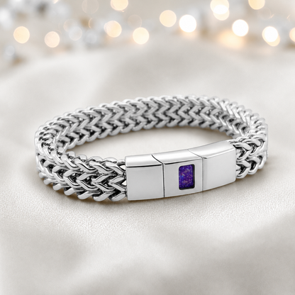 Sleepy lavender Heritage men's stainless steel  memorial bracelet , handcrafted in Lancashire UK by Keepsake Memorial Jewellery
