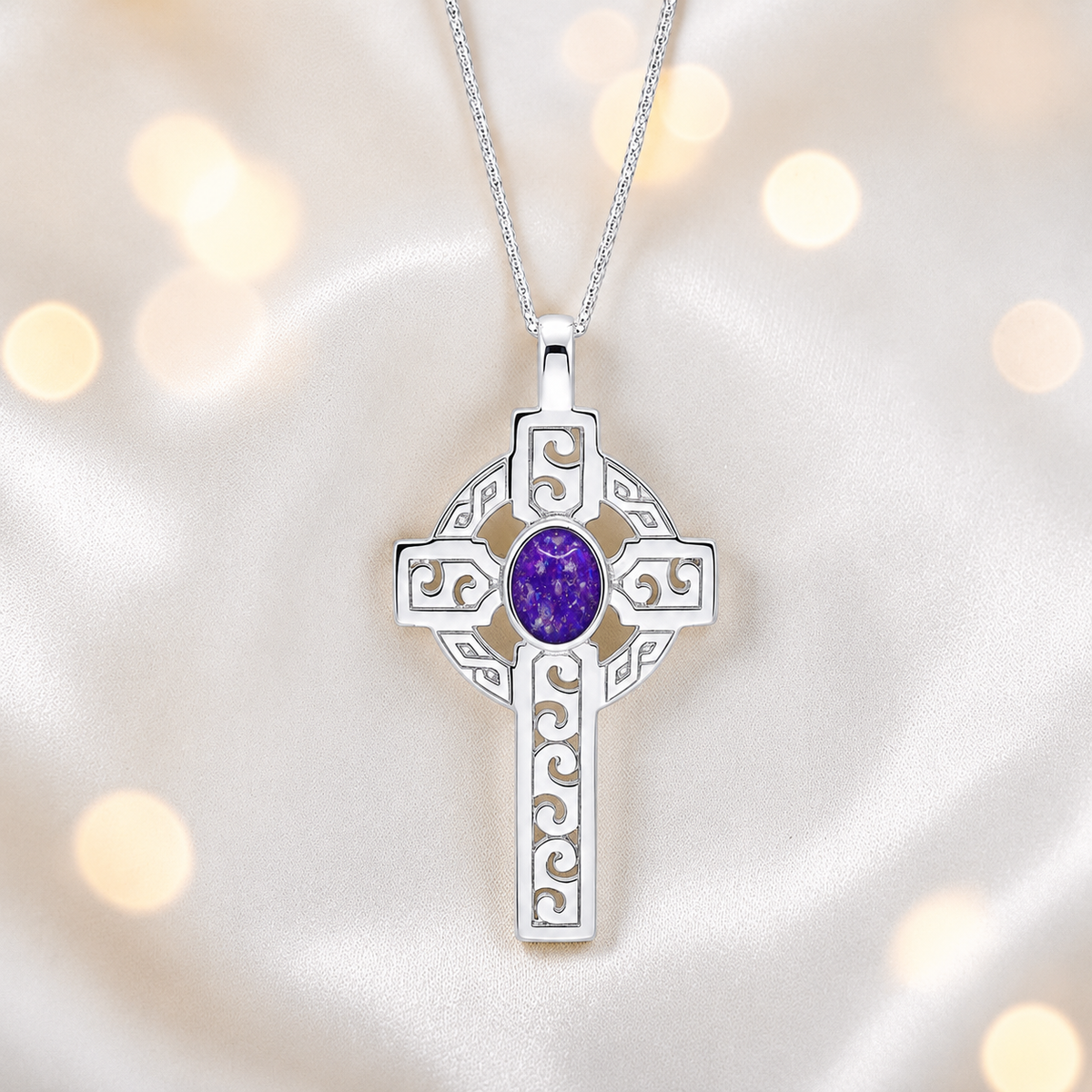 Sleepy Lavender Anam sterling silver Celtic cross memorial pendant, 55mm, handcrafted in Lancashire UK by Keepsake Memorial Jewellery