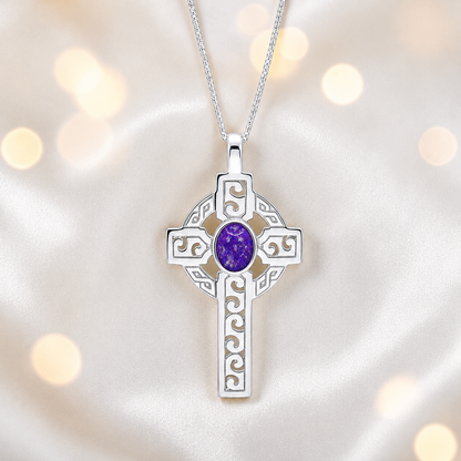 Sleepy Lavender Anam sterling silver Celtic cross memorial pendant, 55mm, handcrafted in Lancashire UK by Keepsake Memorial Jewellery