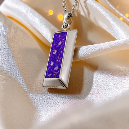 Sleepy Lavender Bastion men's sterling silver 3D bar memorial pendant, handcrafted in Lancashire UK by Keepsake Memorial Jewellery