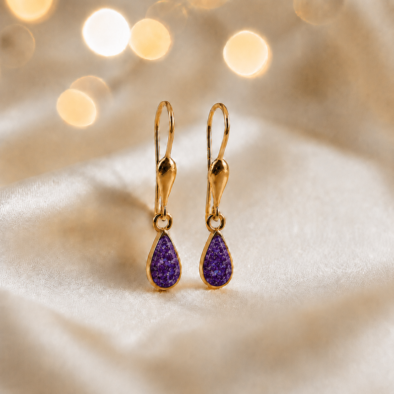 Sleepy Lavender Calla 9ct gold drop memorial earrings, handcrafted in Lancashire, UK – by Keepsake Memorial Jewellery