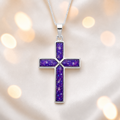 Sleepy lavender Endura men's sterling silver cross memorial pendant, 29mm, handcrafted in Lancashire UK by Keepsake Memorial Jewellery