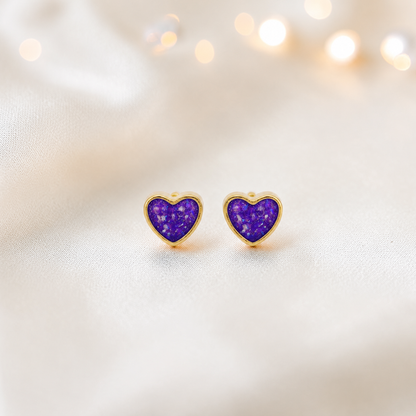 Sleepy Lavender Eve 9ct gold heart earrings, handcrafted in Lancashire, UK – by Keepsake Memorial Jewellery