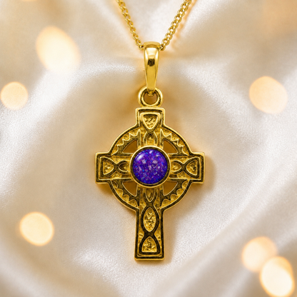 Sleepy Lavender Gael Cross 9ct gold pendant, handcrafted in Lancashire UK – by Keepsake Memorial Jewellery