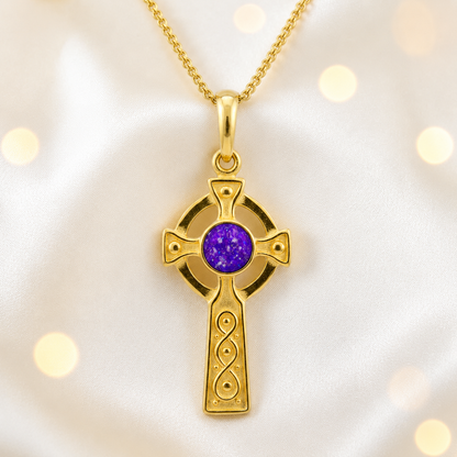 Sleepy Lavender Claddagh Cross 9ct gold pendant, handcrafted in Lancashire UK – by Keepsake Memorial Jewellery