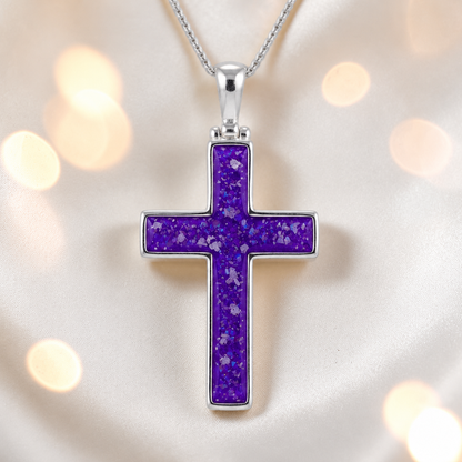 Sleepy Lavender Halo sterling silver cross memorial pendant, 30mm, handcrafted in Lancashire UK by Keepsake Memorial Jewellery