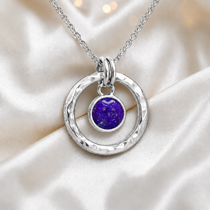 Sleepy Lavender hammered hollow circle sterling silver memorial pendant, handcrafted in Lancashire UK by Keepsake Memorial Jewellery
