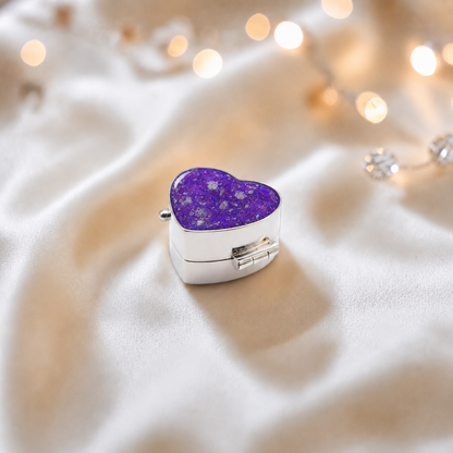 Sterling silver ashes heart trinket box in sleepy lavender, handcrafted in Lancashire, UK - by Keepsake Memorial Jewellery