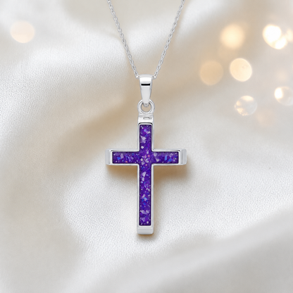 Sleepy lavender Legacy men's sterling silver 3D cross memorial pendant, 29mm, handcrafted in Lancashire UK by Keepsake Memorial Jewellery