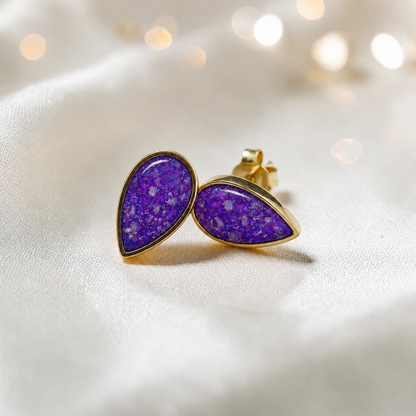 Sleepy Lavender Luma 9ct gold pear drop earrings, handcrafted in Lancashire, UK – by Keepsake Memorial Jewellery