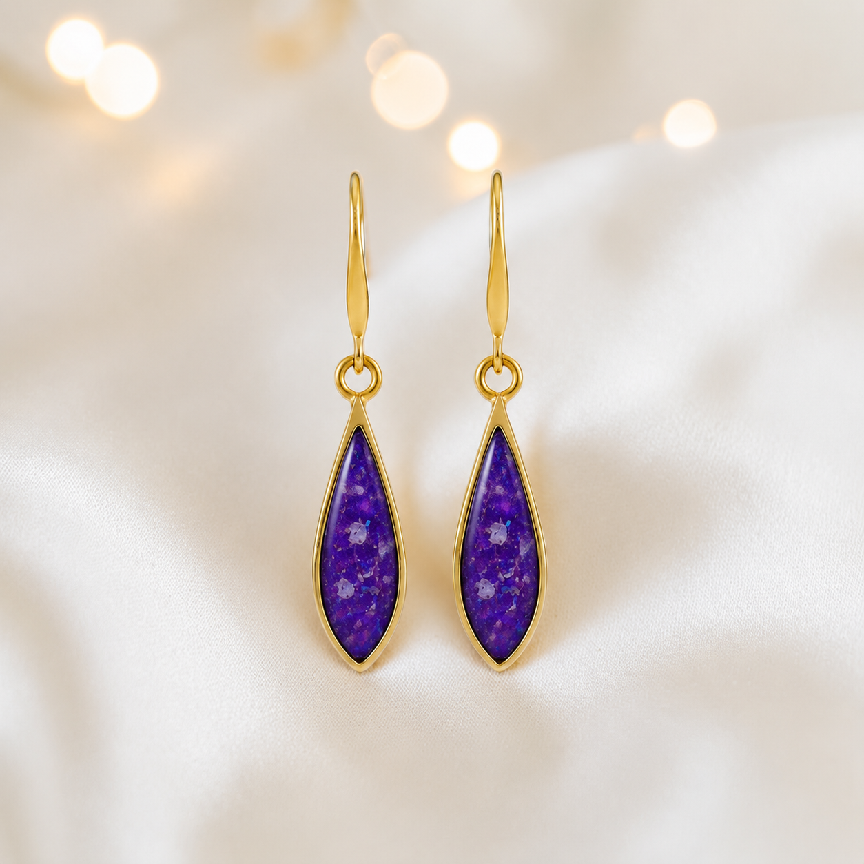 Sleepy Lavender Luz 9ct gold tear drop earrings, handcrafted in Lancashire, UK – by Keepsake Memorial Jewellery