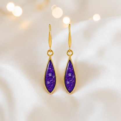 Sleepy Lavender Luz 9ct gold tear drop earrings, handcrafted in Lancashire, UK – by Keepsake Memorial Jewellery