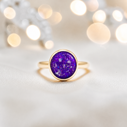 Sleepy Lavender 9ct gold round memorial ring,  Matilda, handcrafted in Lancashire, UK – by Keepsake Memorial Jewellery