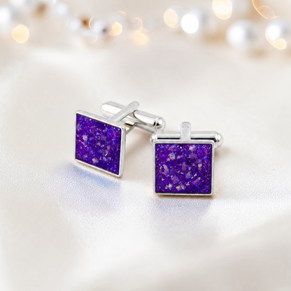 Sleepy Lavender Nexus sterling silver square memorial ashes cufflinks, handcrafted in Lancashire UK