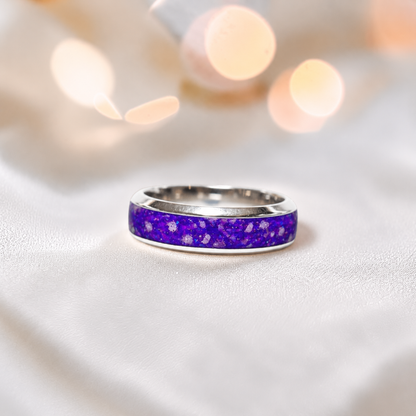 Sleepy Lavender Obsidian men's sterling silver wide channel memorial band ring, 6mm wide, handcrafted in Lancashire UK by Keepsake Memorial Jewellery