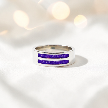Sleepy Lavender Strata men's sterling silver double channel memorial ring, wide comfort-fit band, handcrafted in Lancashire UK by Keepsake Memorial Jewellery