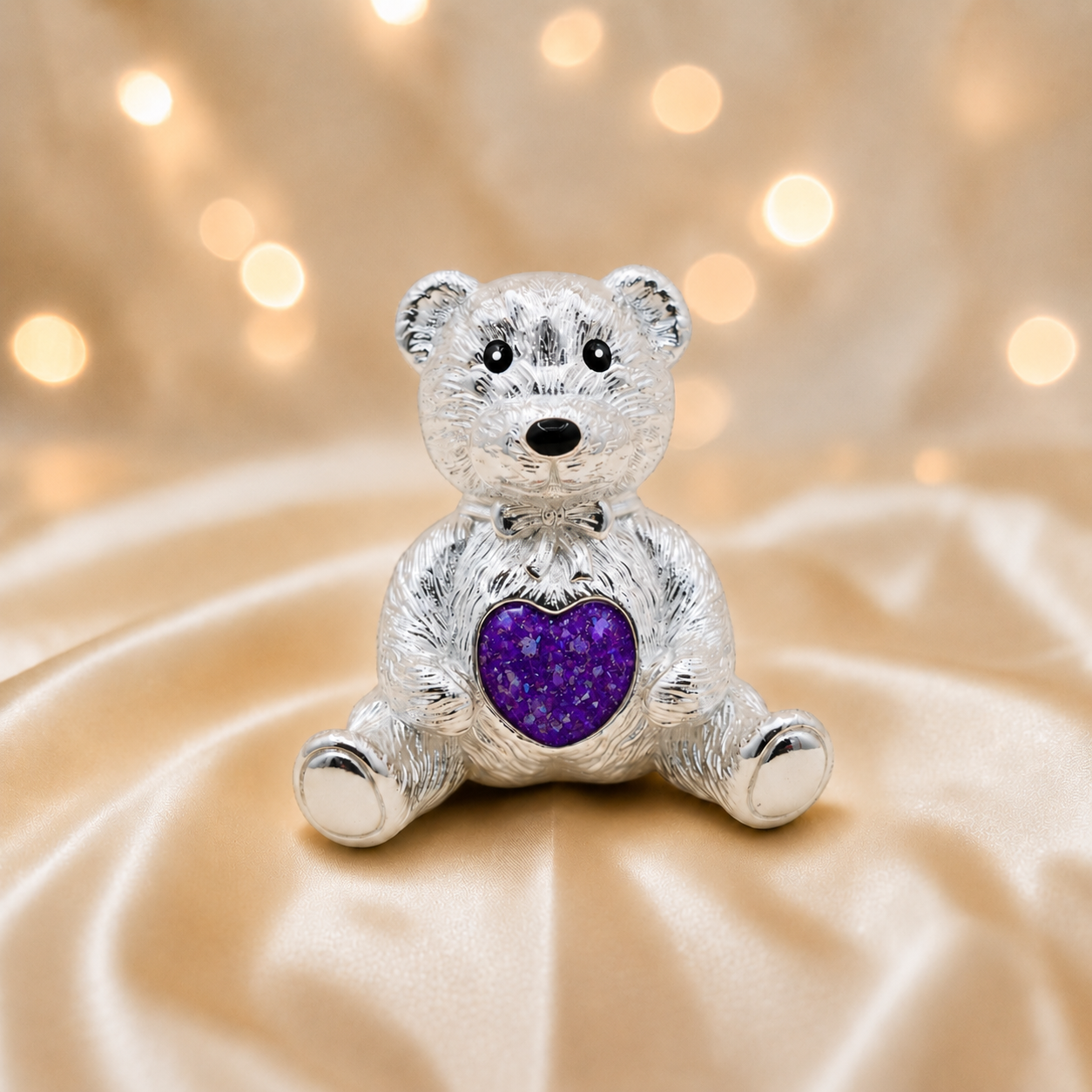 Stainless steel ted memorial bear,  in sleepy lavender, handcrafted in Lancashire UK - by Keepsake Memorial Jewellery