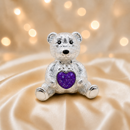 Stainless steel ted memorial bear,  in sleepy lavender, handcrafted in Lancashire UK - by Keepsake Memorial Jewellery