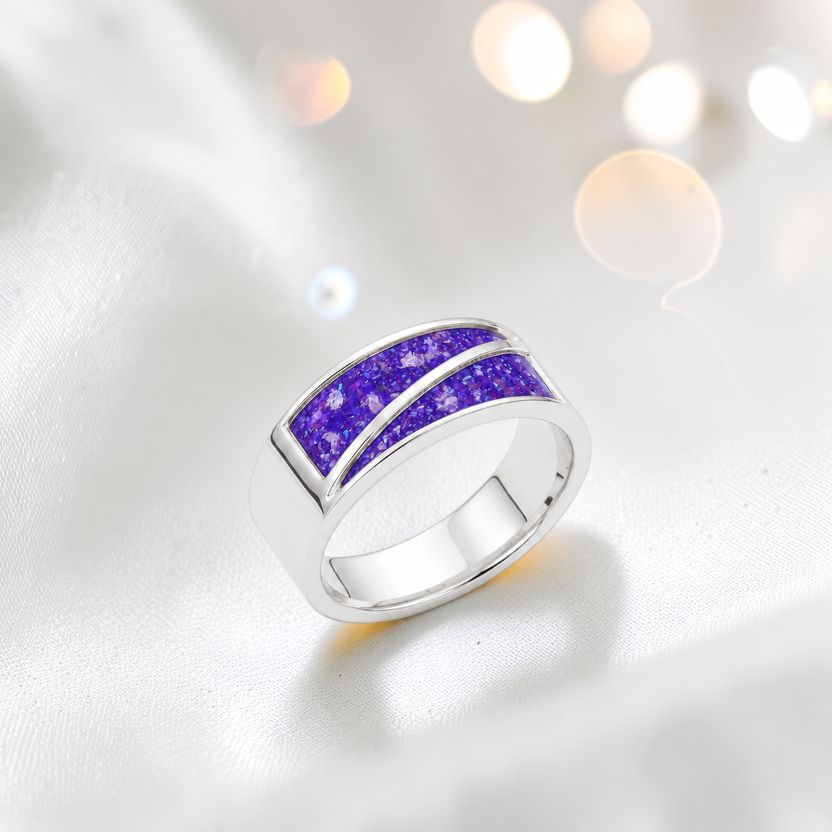 Sleepy Lavender Two Paths men's sterling silver split channel memorial band ring, handcrafted in Lancashire UK by Keepsake Memorial Jewellery
