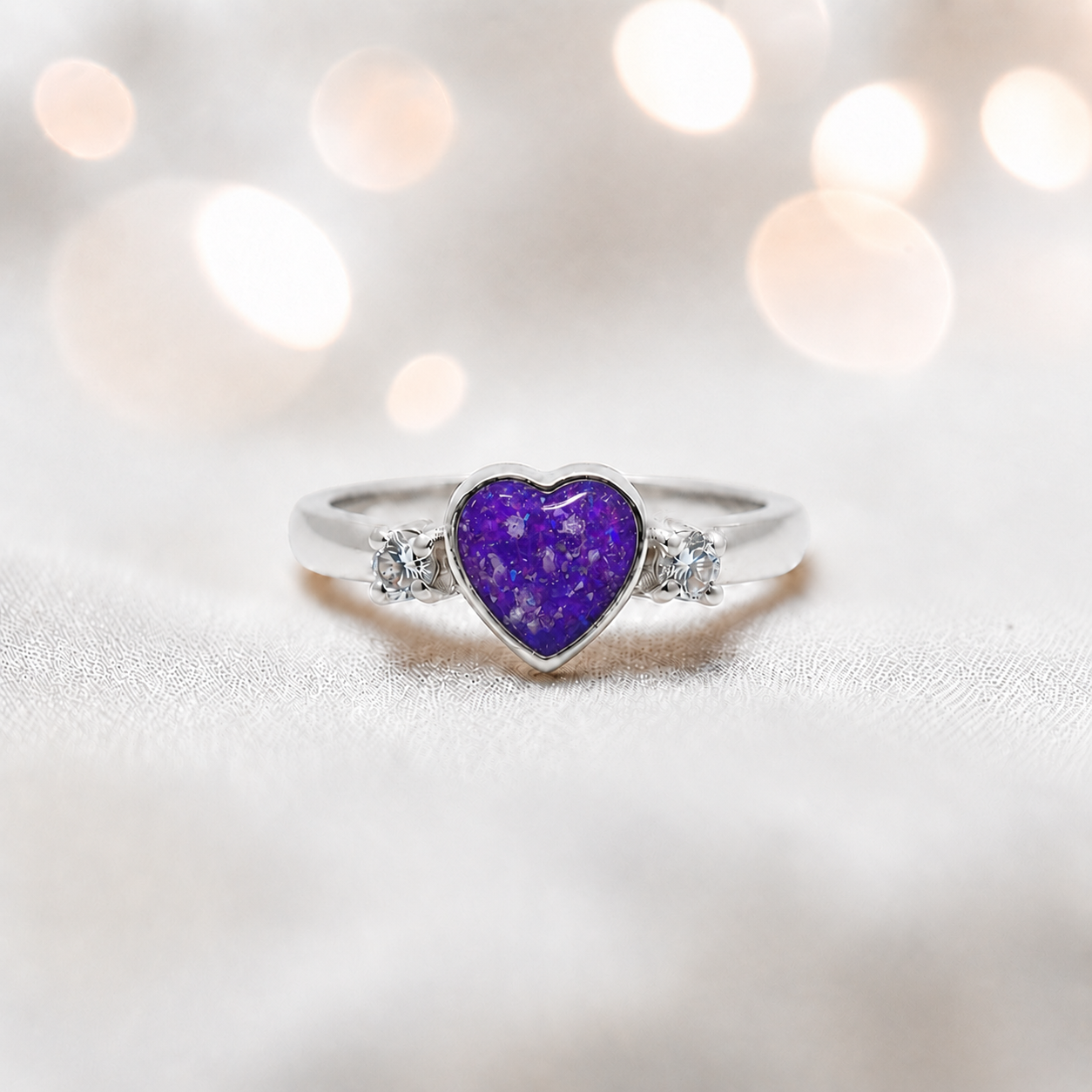 Valentina Ring — silver heart ashes memorial ring, in sleepy lavender, handcrafted in the UK