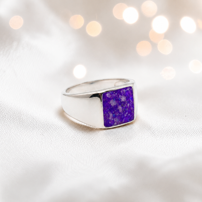 Sleepy Lavender Valor men's sterling silver memorial signet ring, handcrafted in Lancashire UK by Keepsake Memorial Jewellery