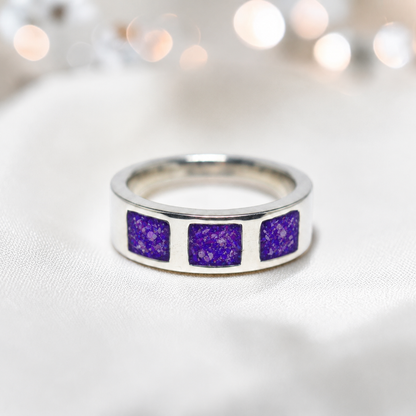 Sleepy Lavender vigil men's sterling silver memorial ring with triple setting, handcrafted in Lancashire UK by Keepsake Memorial Jewellery