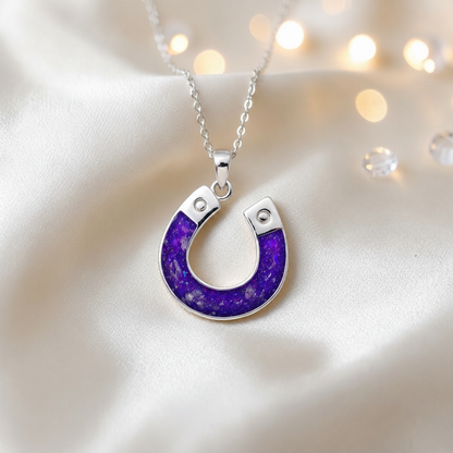 Midnight horseshoe ashes pendant in sleepy lavender, handcrafted in Lancashire UK - by Keepsake Memorial Jewellery