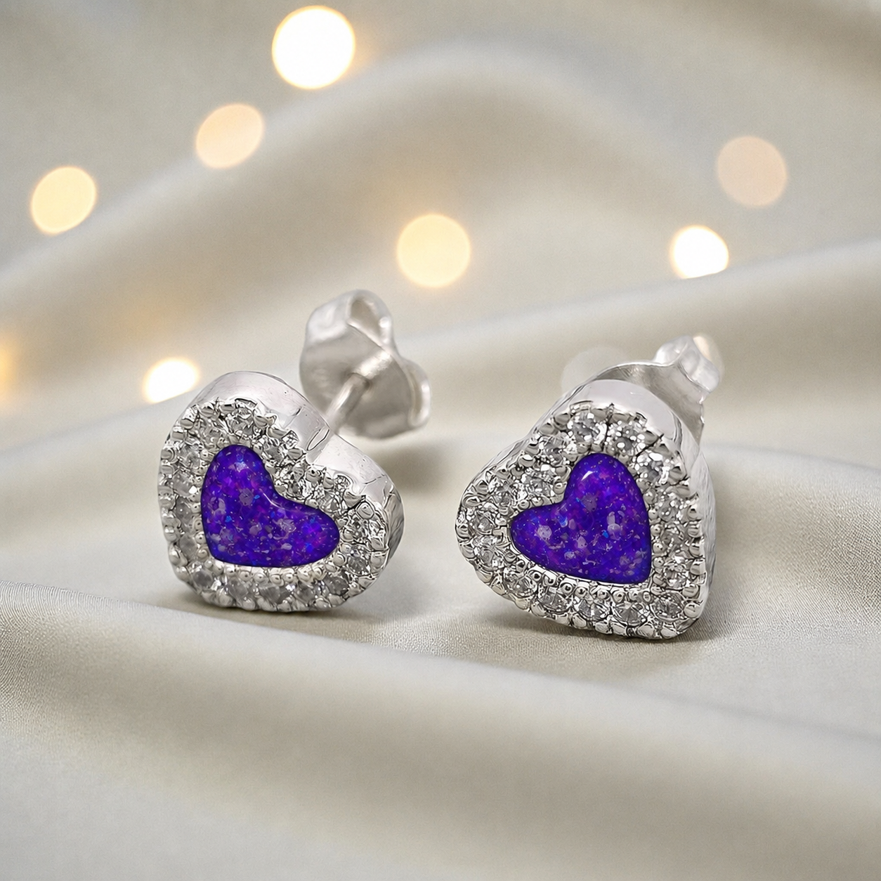 Keepsake Memorial Sterling Silver Heart Ashes Earrings Opal Dawn in Sleepy Lavender - Handcrafted in the UK