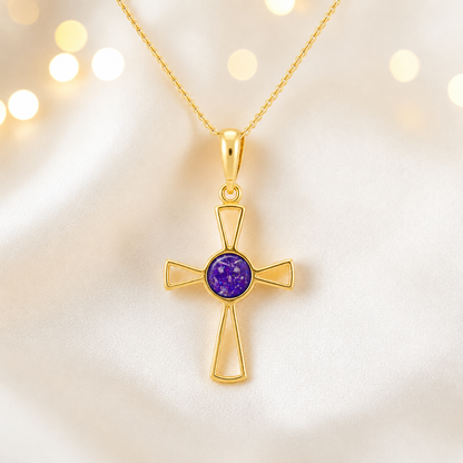 Sleepy Lavender 9ct gold memorial ashes open cross pendant, handcrafted in Lancashire UK