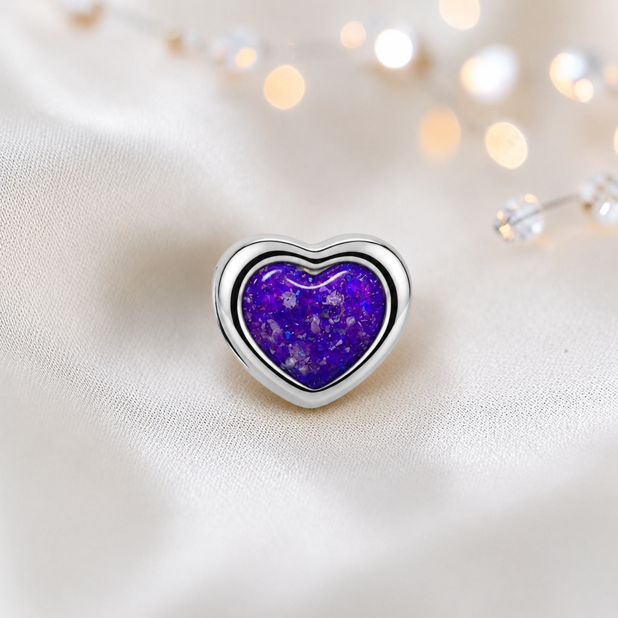 Sleepy lavender sterling silver peaceful heart ashes memorial charm, handcrafted in Lancashire by keepsake memorial