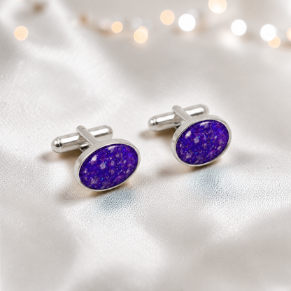 Sleepy lavender Pulse sterling silver oval memorial ashes cufflinks, handcrafted in Lancashire UK