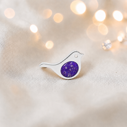 Keepsake memorial silver Robin  ashes charm, in sleepy lavender, handcrafted in Lancashire, UK