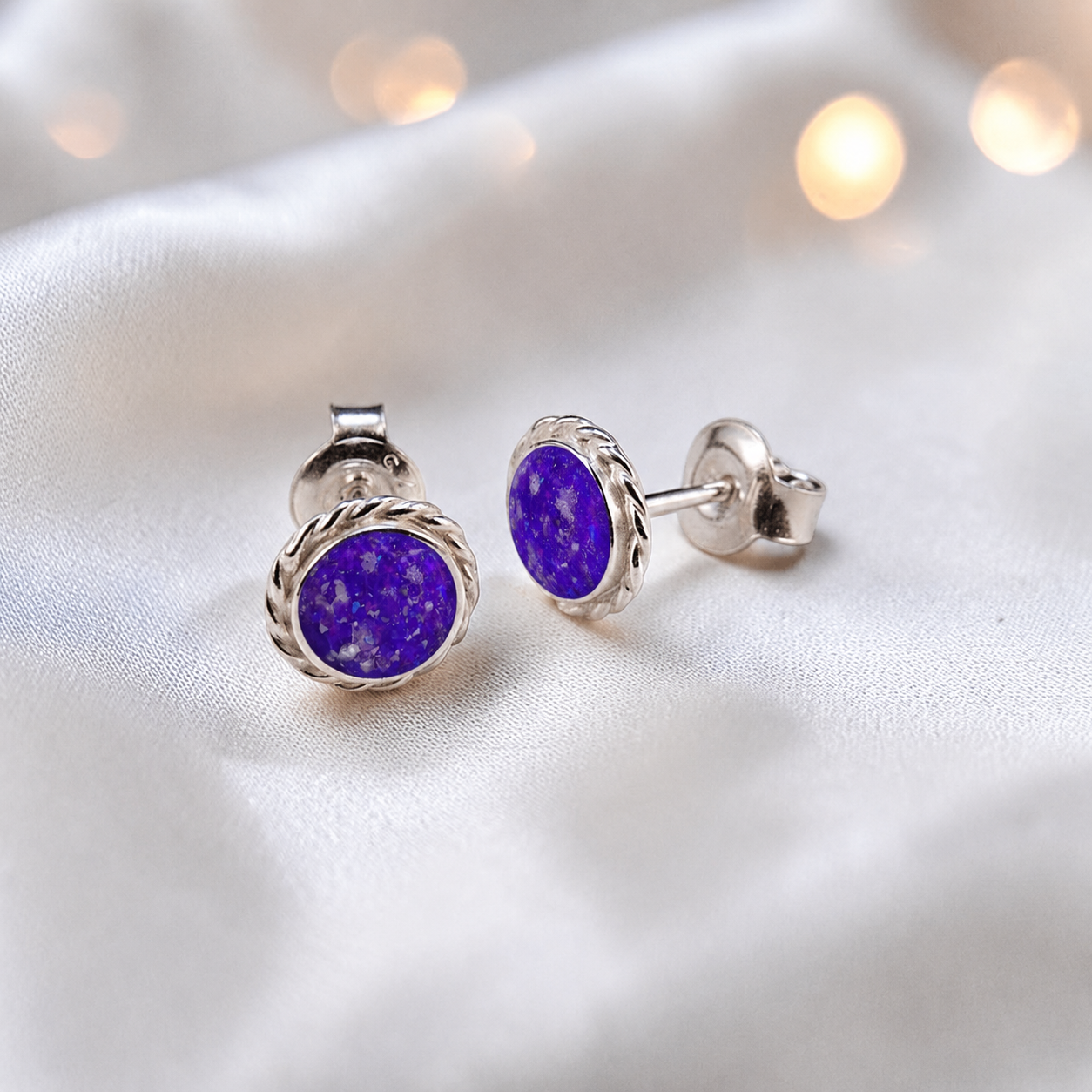 Eterna memorial stud earrings in Sleepy Lavender opal — sterling silver rope edge, handcrafted in Lancashire, UK