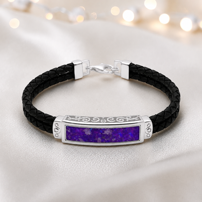 Sleepy lavender Sentinel men's sterling silver and leather memorial bracelet , handcrafted in Lancashire UK by Keepsake Memorial Jewellery