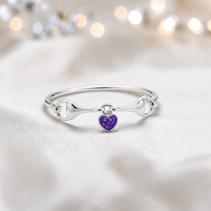 Silver Rocket snaffle bit ashes bangle in sleepy lavender,  handcrafted in Lancashire UK - by Keepsake Memorial Jewellery