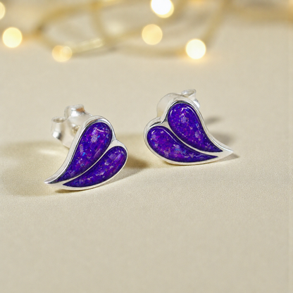 Two Hearts memorial stud earrings in Sleepy Lavender opal — sterling silver, handcrafted in Lancashire, UK