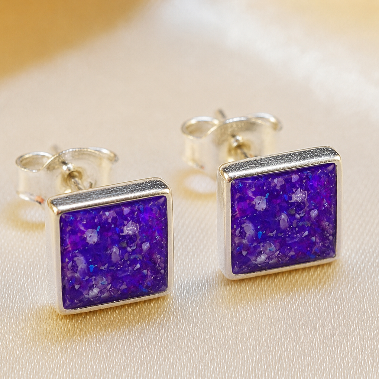 Keepsake Memorial Sterling Silver Square Stud Ashes Earrings Celeste Shine in Sleepy Lavender - Handcrafted in the UK