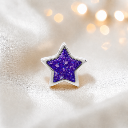 Sleepy lavender sterling silver star ashes memorial charm, handcrafted in Lancashire by keepsake memorial