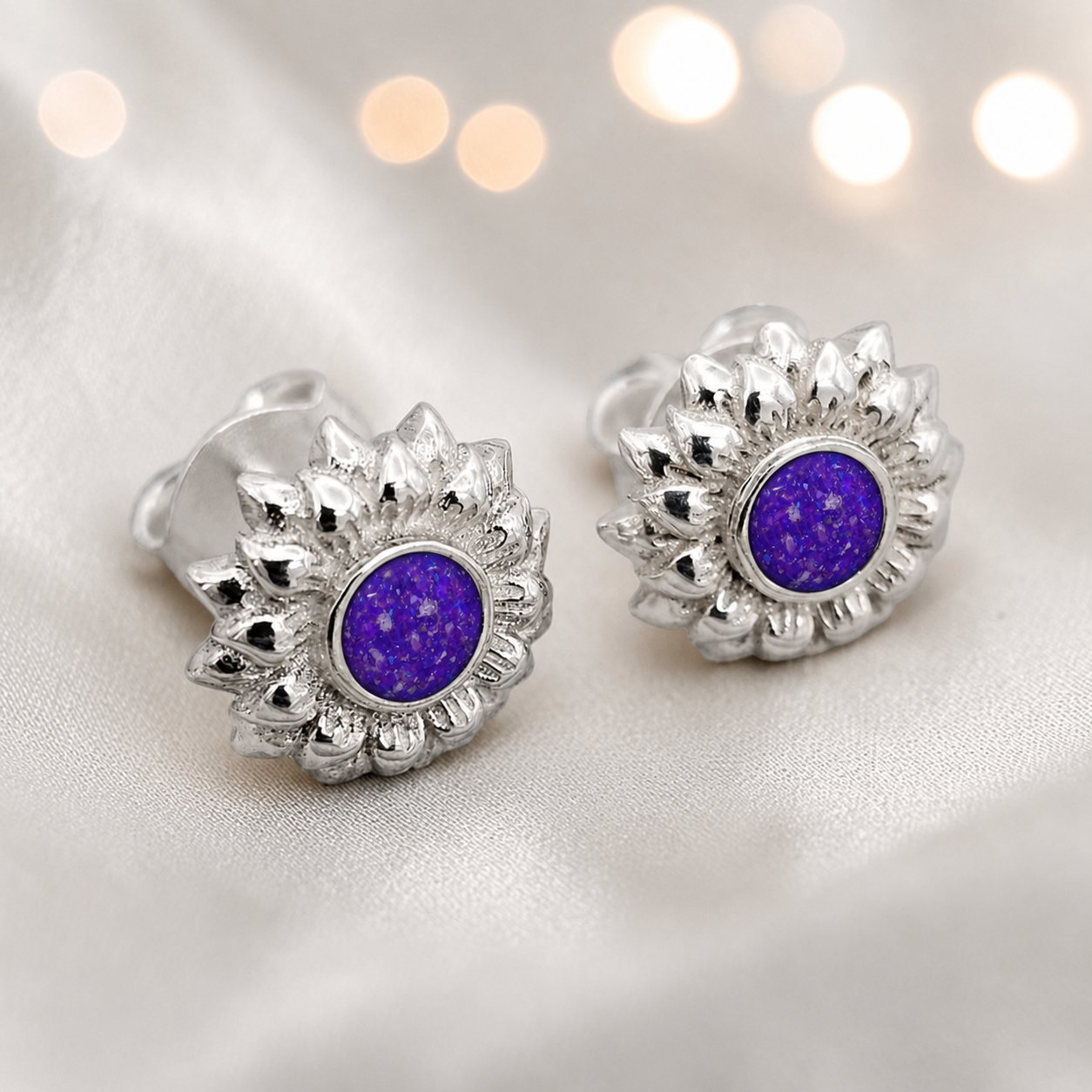 Flora Earrings — silver sunflower ashes memorial stud earrings in Sleepy Lavender resin, handcrafted in Lancashire, UK