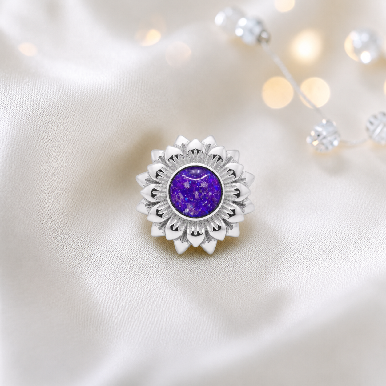 Sleepy lavender sterling silver sunflower ashes memorial charm, handcrafted in Lancashire by keepsake memorial