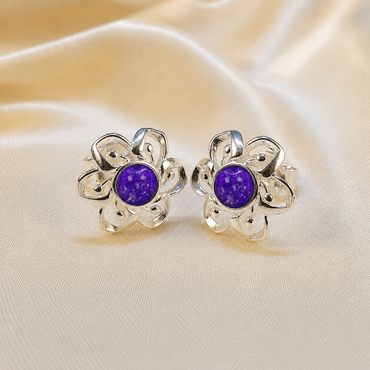 Keepsake Memorial Sterling Silver Ladies Ashes Earrings - Velour Flowers