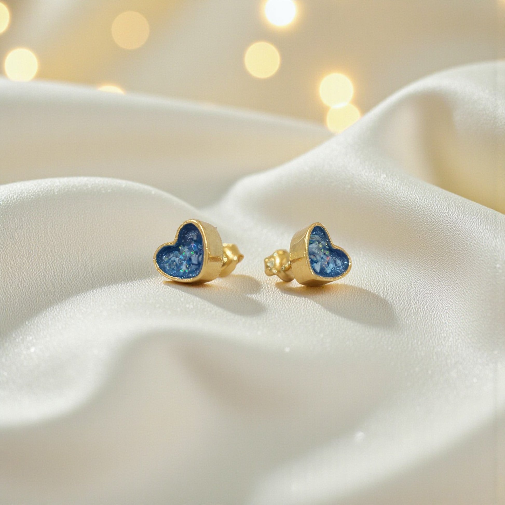 small 9ct gold heart stud ashes earrings, handcrafted in lancashire, uk